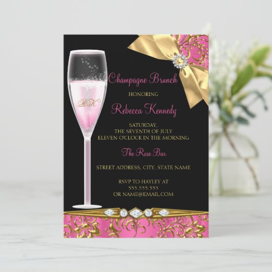 Elegant Pink Black Gold Damask Champagne Brunch Kaart (Staand voorkant)