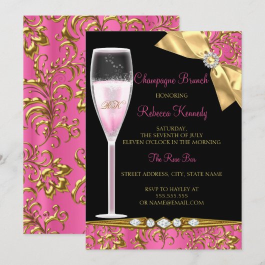 Elegant Pink Black Gold Damask Champagne Brunch Kaart (Voorkant / Achterkant)