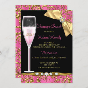 Elegant Pink Black Gold Damask Champagne Brunch Kaart