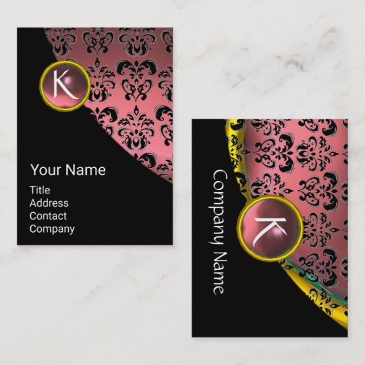 ELEGANT PINK BLACK GOLD DAMASK GEMSTONE MONOGRAM VISITEKAARTJE (Voorkant / Achterkant)