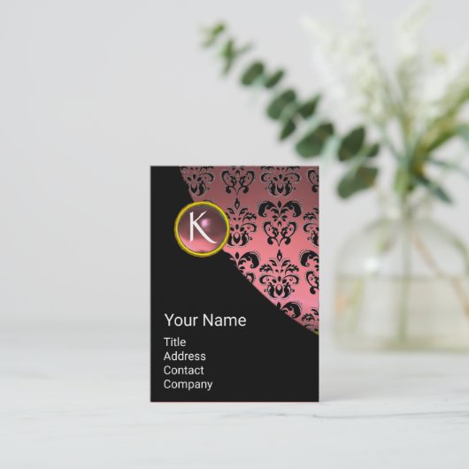 ELEGANT PINK BLACK GOLD DAMASK GEMSTONE MONOGRAM VISITEKAARTJE (Staand voorkant)