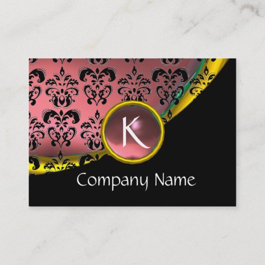 ELEGANT PINK BLACK GOLD DAMASK GEMSTONE MONOGRAM VISITEKAARTJE (Achterkant)