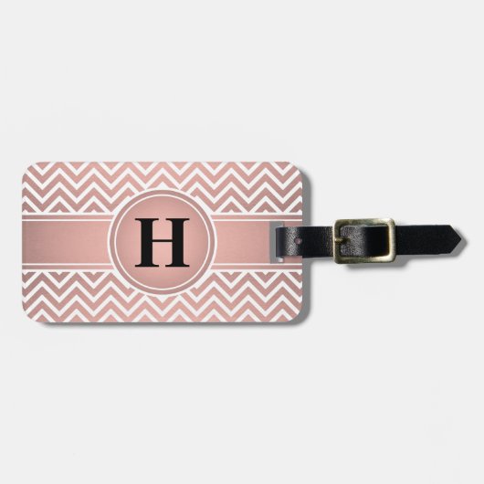 Elegant Pink & Black Monogramed Roos Gold Chevron Bagagelabel (Voorkant horizontaal)