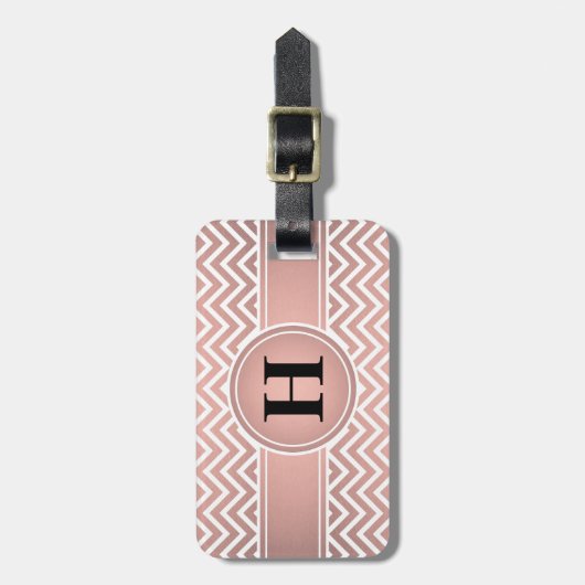 Elegant Pink & Black Monogramed Roos Gold Chevron Bagagelabel (Voorkant verticaal)