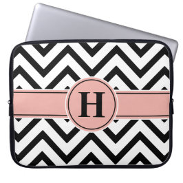 Elegant Pink & Black Monogramed Roos Gold Chevron Laptop Sleeve