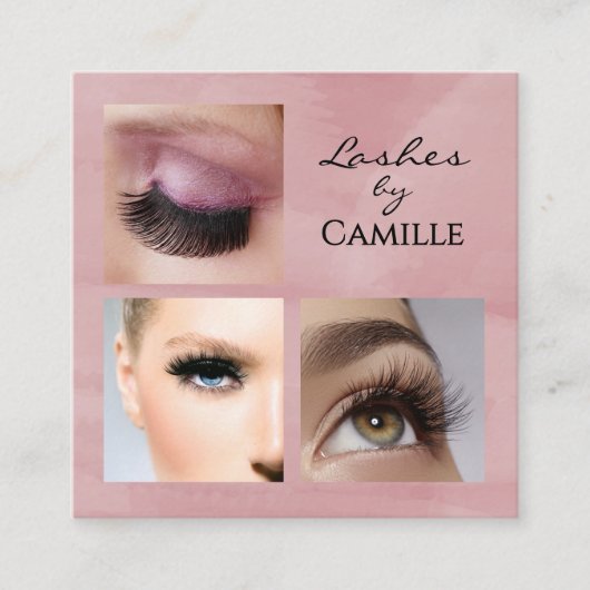 Elegant Pink Black Script 3 Photo Makeup Vierkante Visitekaartje (Voorkant)