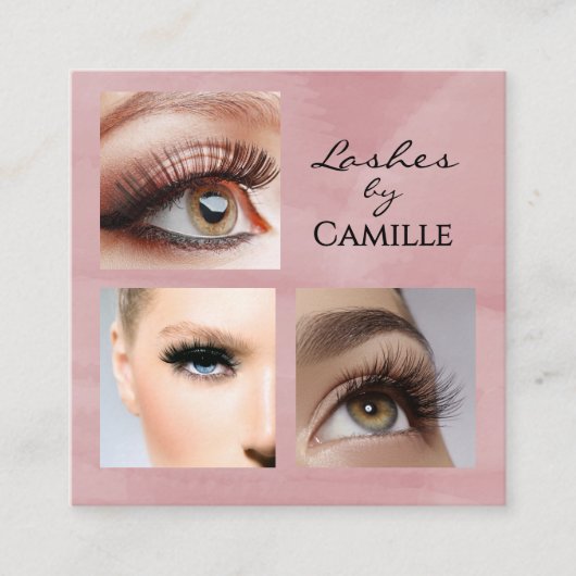 Elegant Pink Black Script 3 Photo Makeup Vierkante Visitekaartje (Voorkant)