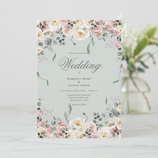 Elegant Pink Bliush Ivory Floral Wedding Kaart (Staand voorkant)