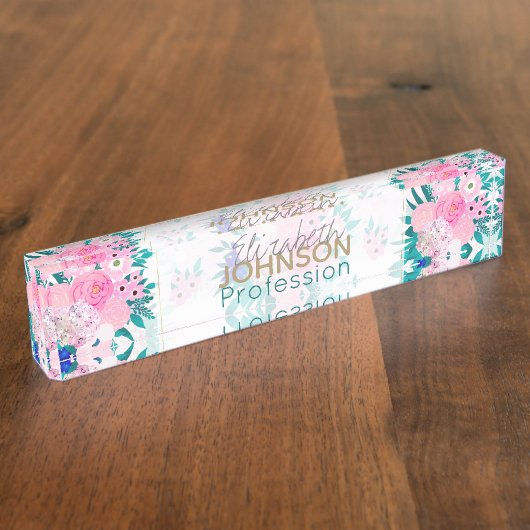 Elegant Pink Bloom Floral Pattern Naambordje (Zijkant)