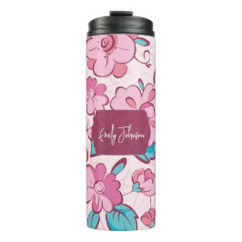 Elegant Pink Blossom Custom Name Floral Design Thermosbeker