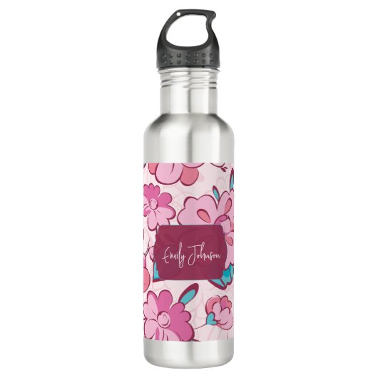 Elegant Pink Blossom Custom Name Floral Design Waterfles (Voorkant)