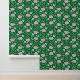Elegant Pink Blue Floral Plants Pattern on Green Behang