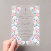 Elegant Pink & Blue Floral Regency Garden Wedding Acryl Uitnodigingen (Insitu (Draagbaar))