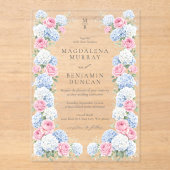 Elegant Pink & Blue Floral Regency Garden Wedding Acryl Uitnodigingen (Voorkant)