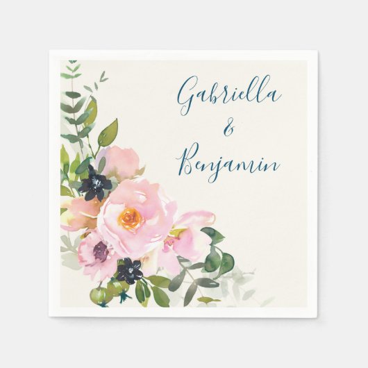 Elegant Pink Blue Floral Waterverf Moderne bruilof Servet (Voorkant)