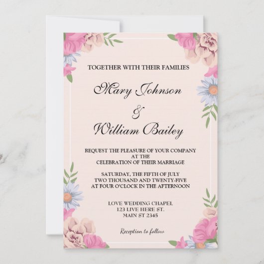 Elegant Pink Blue Floral Wedding Flowers Custom Kaart (Voorkant)