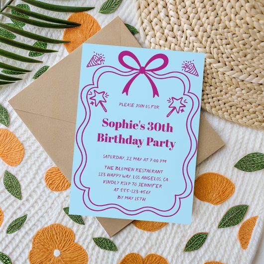 Elegant Pink & Blue Ribbon Frame Birthday Party Kaart