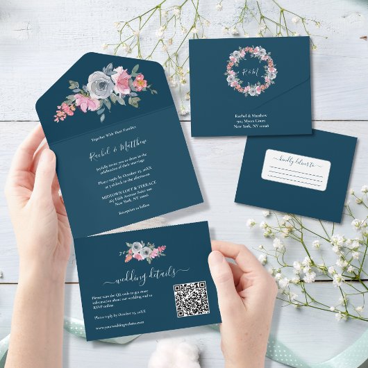 Elegant Pink Blue Waterverf Floral Wedding All In One Uitnodiging