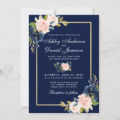 Elegant Pink Blush Blue Floral Wedding Gold Lijst Kaart (Voorkant)