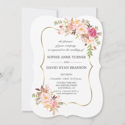 Elegant Pink Blush Floral Gold Lijst Weddenschap Kaart (Voorkant)
