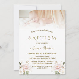 Elegant Pink Blush Floral Gold Photo Girl Baptisme Kaart