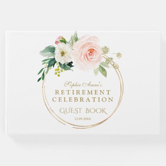 Elegant Pink Blush Floral Gold Retirement Party Gastenboek (Voorkant)