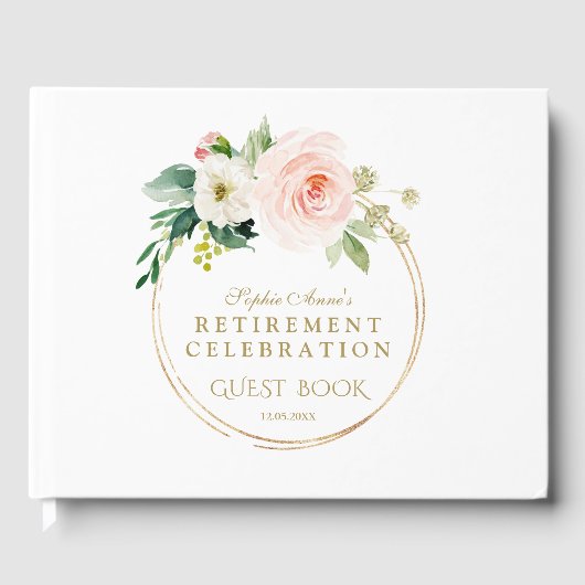 Elegant Pink Blush Floral Gold Retirement Party Gastenboek (Voorkant)