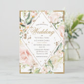 Elegant Pink Blush Floral Gold Rustic Wedding Kaart (Staand voorkant)