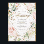 Elegant Pink Blush Floral Gold Rustic Wedding Kaart<br><div class="desc">Elegante en bijtende accenten. Witte achtergrond met bloemen rond een gouden diamantvorm. Stammen faux goudglitter.</div>