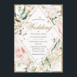 Elegant Pink Blush Floral Gold Rustic Wedding Kaart<br><div class="desc">Elegante en bijtende accenten. Witte achtergrond met bloemen rond een gouden diamantvorm. Stammen faux goudglitter.</div>