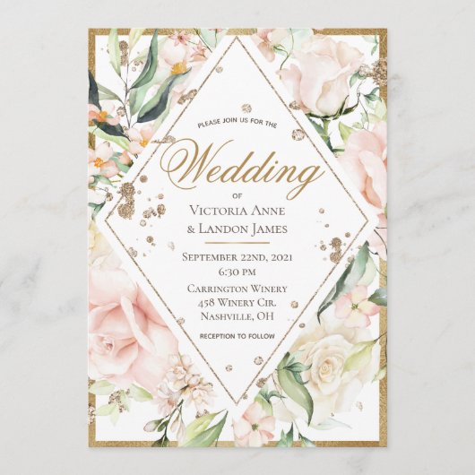 Elegant Pink Blush Floral Gold Rustic Wedding Kaart (Voorkant)