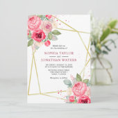 Elegant Pink Blush Floral Golden Geometry Wedding Kaart (Staand voorkant)