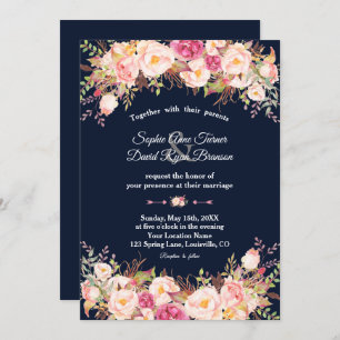 Elegant Pink Blush Floral Navy Blue Wedding Kaart