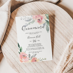 Elegant Pink Blush Floral Quinceañera Kaart