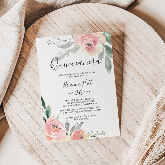 Elegant Pink Blush Floral Quinceañera Kaart