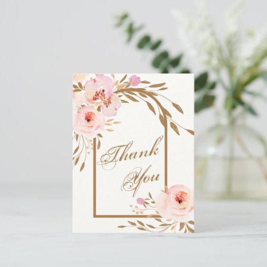 Elegant Pink Blush Floral Weddenschap Foto Dank je Briefkaart (Staand voorkant)