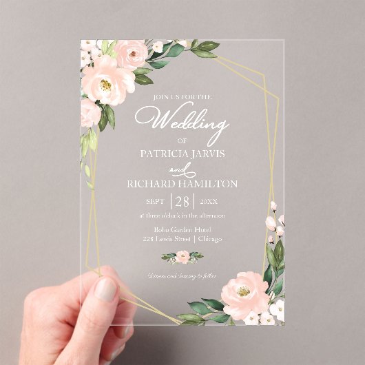 Elegant Pink Blush Floral Wedding Acryl Uitnodigingen (Insitu (Draagbaar))