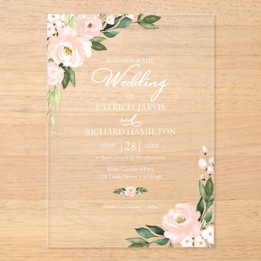 Elegant Pink Blush Floral Wedding Acryl Uitnodigingen (Voorkant)