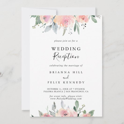 Elegant Pink Blush Floral Wedding Reception Kaart (Voorkant)
