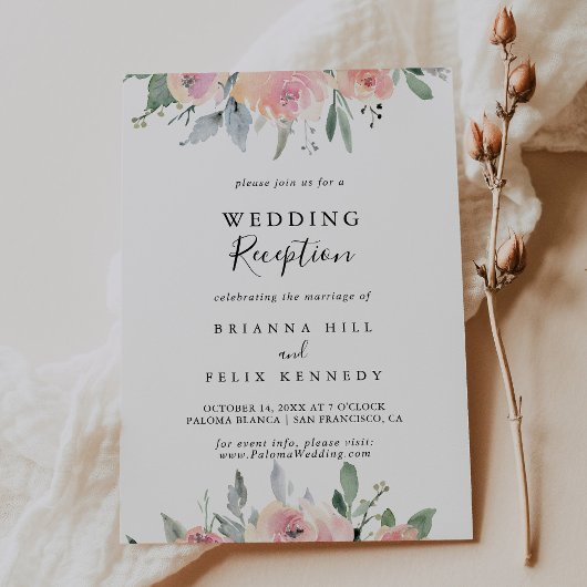 Elegant Pink Blush Floral Wedding Reception Kaart