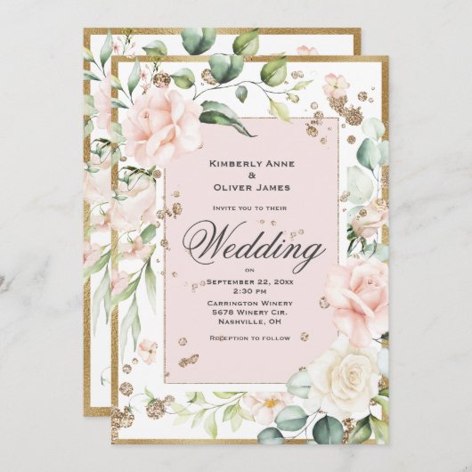 Elegant Pink Blush Floral Wedding Uitnodiging (Voorkant / Achterkant)