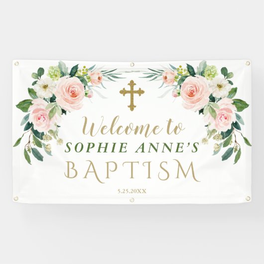 Elegant Pink Blush Flowers Baptism Welkomstteken Spandoek (Horizontaal)