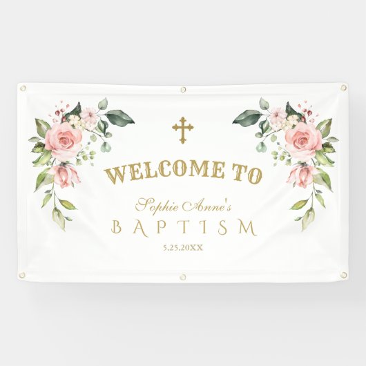 Elegant Pink Blush Flowers Baptism Welkomstteken Spandoek (Horizontaal)