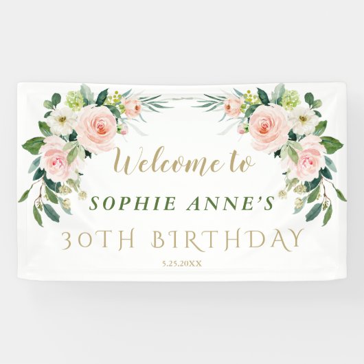 Elegant Pink Blush Flowers Birthday Welkomstteken Spandoek (Horizontaal)
