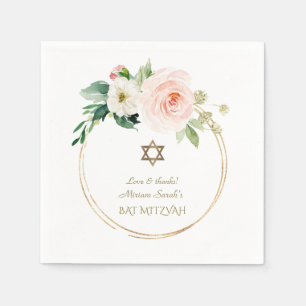 Elegant Pink Blush Flowers Gold Bat Mitzvah Servet