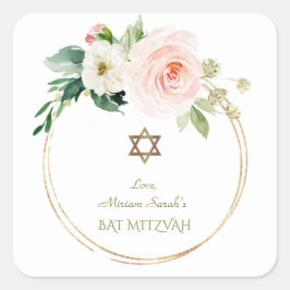 Elegant Pink Blush Flowers Gold Bat Mitzvah Vierkante Sticker