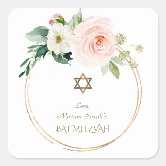 Elegant Pink Blush Flowers Gold Bat Mitzvah Vierkante Sticker (Voorkant)