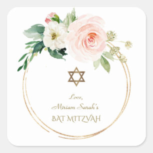 Elegant Pink Blush Flowers Gold Bat Mitzvah Vierkante Sticker