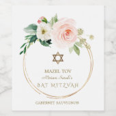 Elegant Pink Blush Flowers Gold Bat Mitzvah Wijn Etiket (Enkel label)