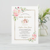 Elegant Pink Blush Flowers Gold Bridal Tea Party Kaart (Staand voorkant)